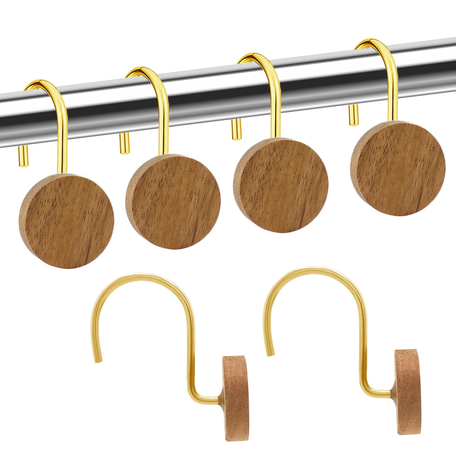 Shower Curtain Hooks, Wood Decorative Shower Curtain Rings, Modern Round Log Shower Curtain Hangers, 12PCS Shower Hooks for Shower Curtain Rod, Bedroom, Living Room (Gold)