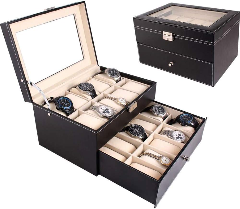 Leather 20 Slots Double Layer Watch Box For Women/Men/ Wrist Watch Display Storage Box,1Pc(Black Color)