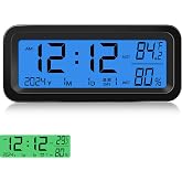 Timloon Car Dashboard Clock with Automatic Backlight at Night(Green &amp; Blue), Temperature and Humidity Monitor, 12/24 Hour Format Time, Calendar, Solar Power and Type C Cable Charging for Car Truck