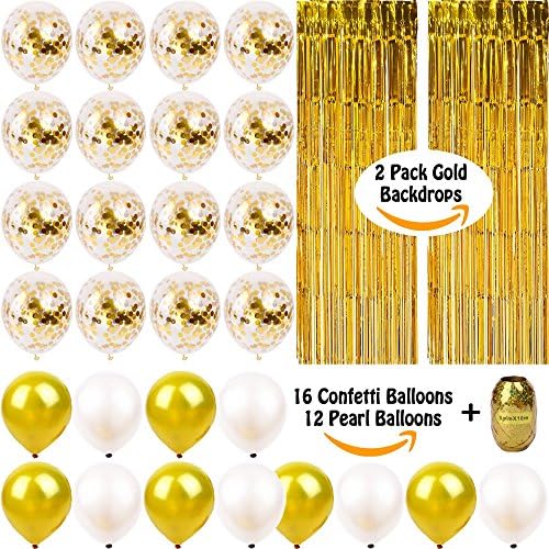 Gold Confetti Balloons x16 Pcs + Gold Foil Fringe Curtains Tinsel Backdrop Curtain 2 Pack 3.3ft x 9.8ft by FunDeco Party Streamers | 6 Gold and White 12" Balloons | Bachelorette Wedding Decorations