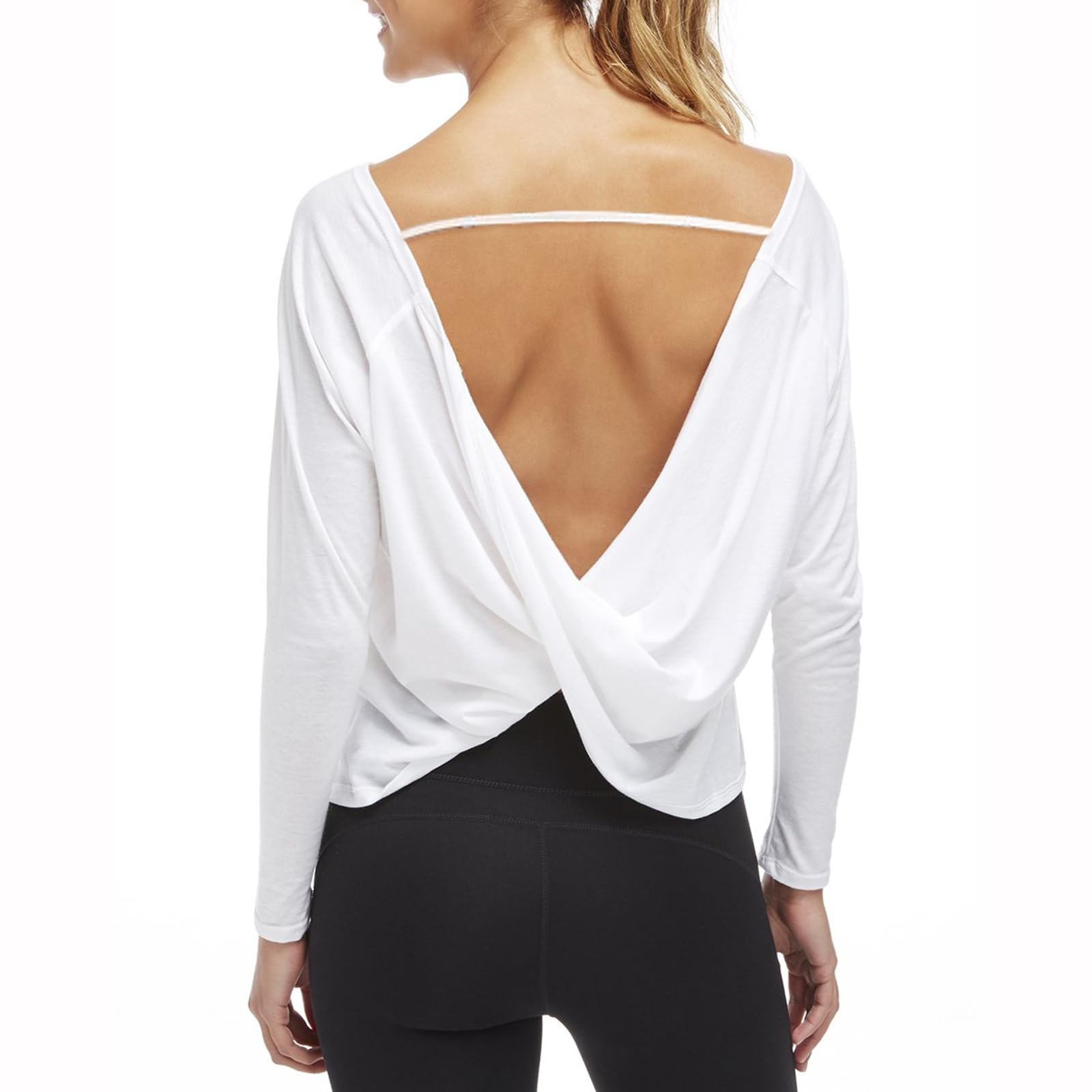 Photo 1 of ***DAMAGED***
Women's Open Back Crop Top Shirt for Workout Pilates Yoga Gym Going Out, Long Sleeve Boat Neck Backless Athletic Tops (White, S)