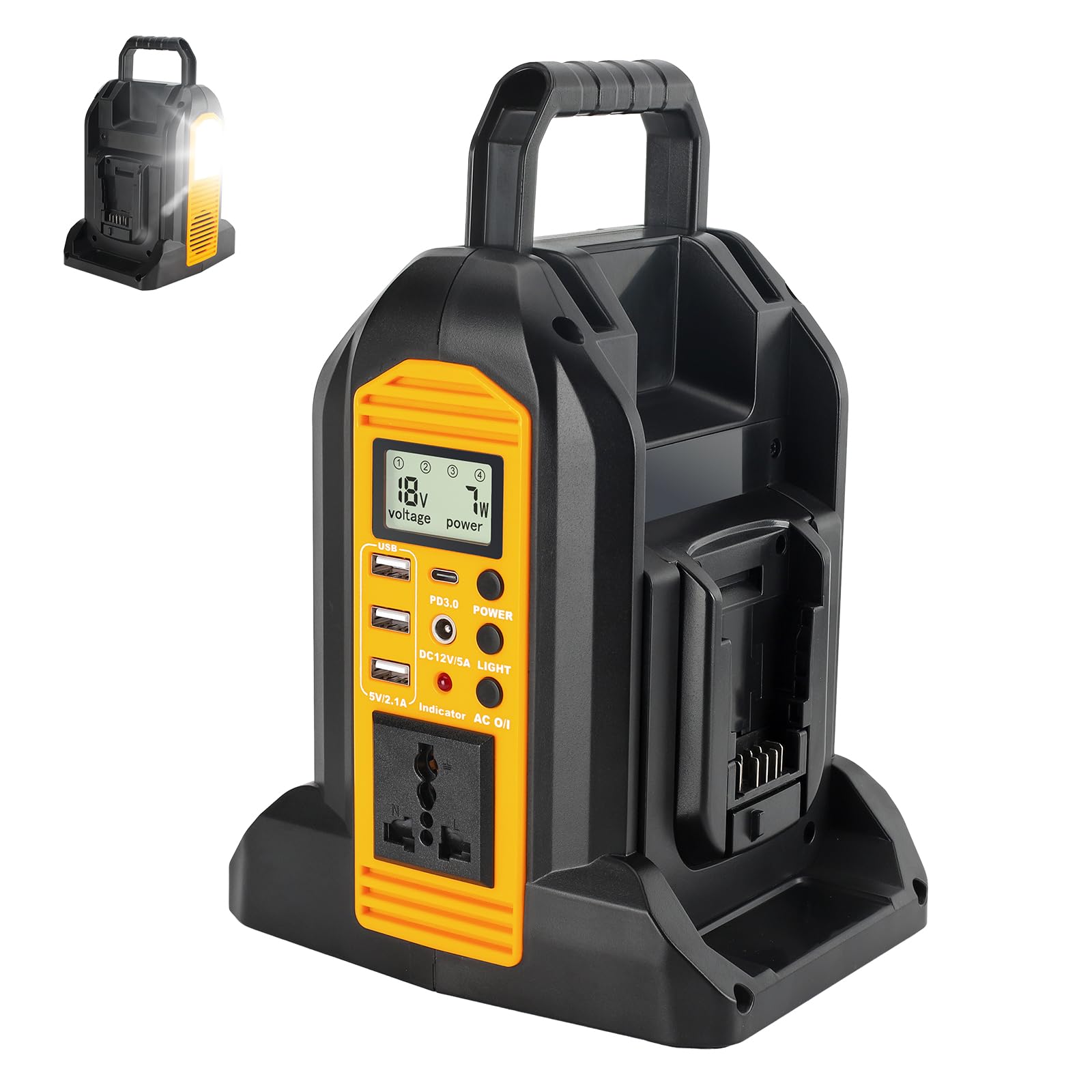 Photo 1 of 350W Power Inverter for Dewalt 18V 20V MAX 60V Li-ion Batteries,2-Port Supply Inverter Generators Converter DC 20V to AC110V ~120V with LED Light,3 USB-A,1 Type-C,1DC Port, for Outdoor Travel Camping