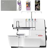 Bernette B64 Airlock Serger Overlocker with Air Threading | 1300SPM, Free Hand &amp; Arm System, LED Light | Scissors, Rotary Cutter, Threads Bundle, Self-Healing Foldable Cutting Mat, Extension Table