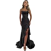 Wchecalino Sparkly Beaded Satin Mermaid Prom Dresses Long 2026 Spaghetti Straps Corset Ruffles Evening Gown with Slit