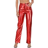 HDE Women's Shiny Metallic Faux Leather Pants High Waisted Straight Leg Trousers