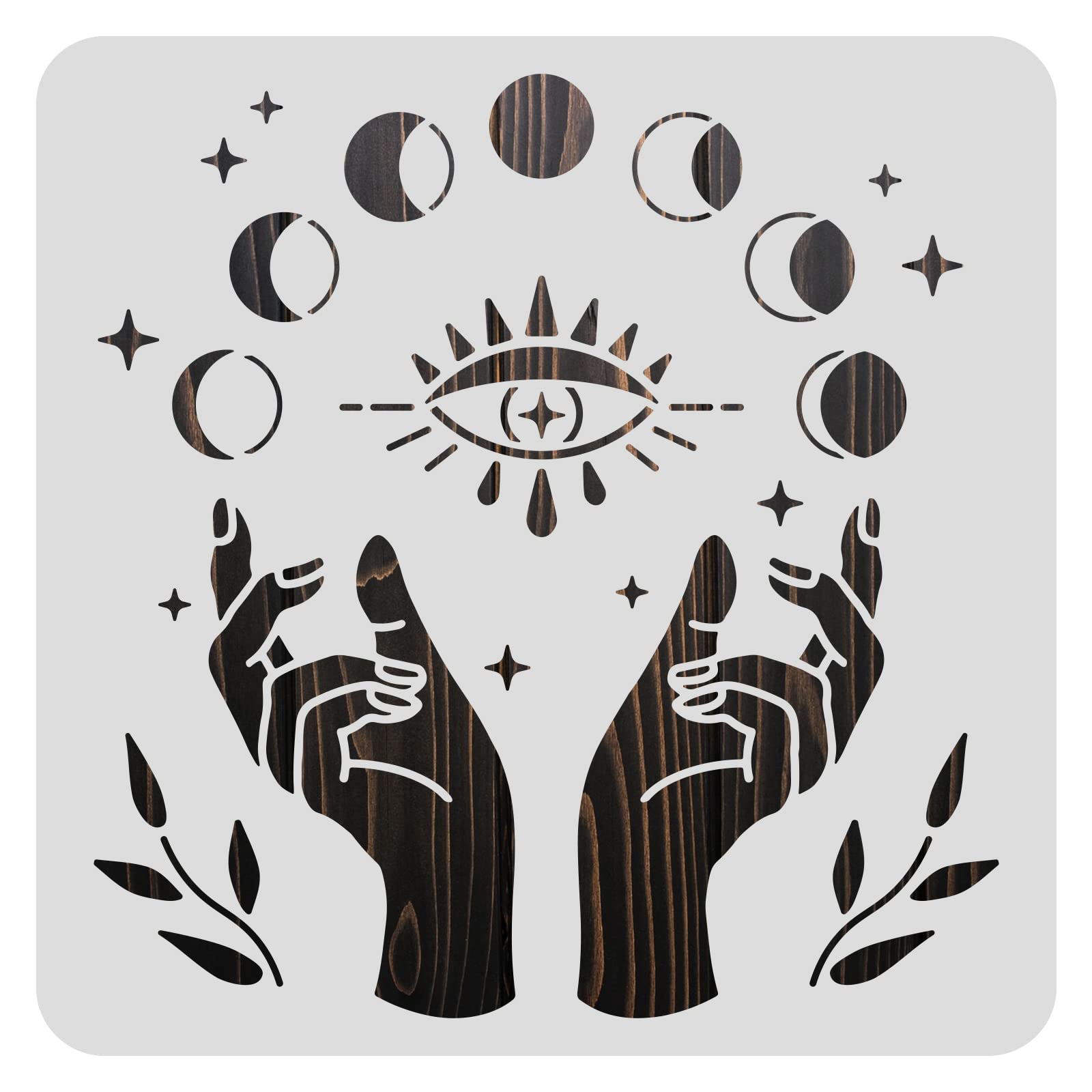 BENECREAT 30x30cm Plastic Cutouts Painting Template, Hand Moon Phase Eye Pattern Plastic Stencils for Painting, Wood Burning, Pyrography and Engraving Crafts