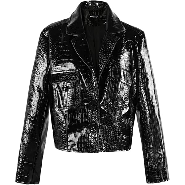 Crocodile Printed Shiny Pu Leather Jacket Women Long Sleeve Y2K