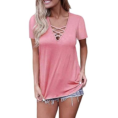 Innerternet Damen T-Shirt mit V-Ausschnitt Sommer Kurzarmt Solide Basic Cross Tops Bluse Schnürung Tops
