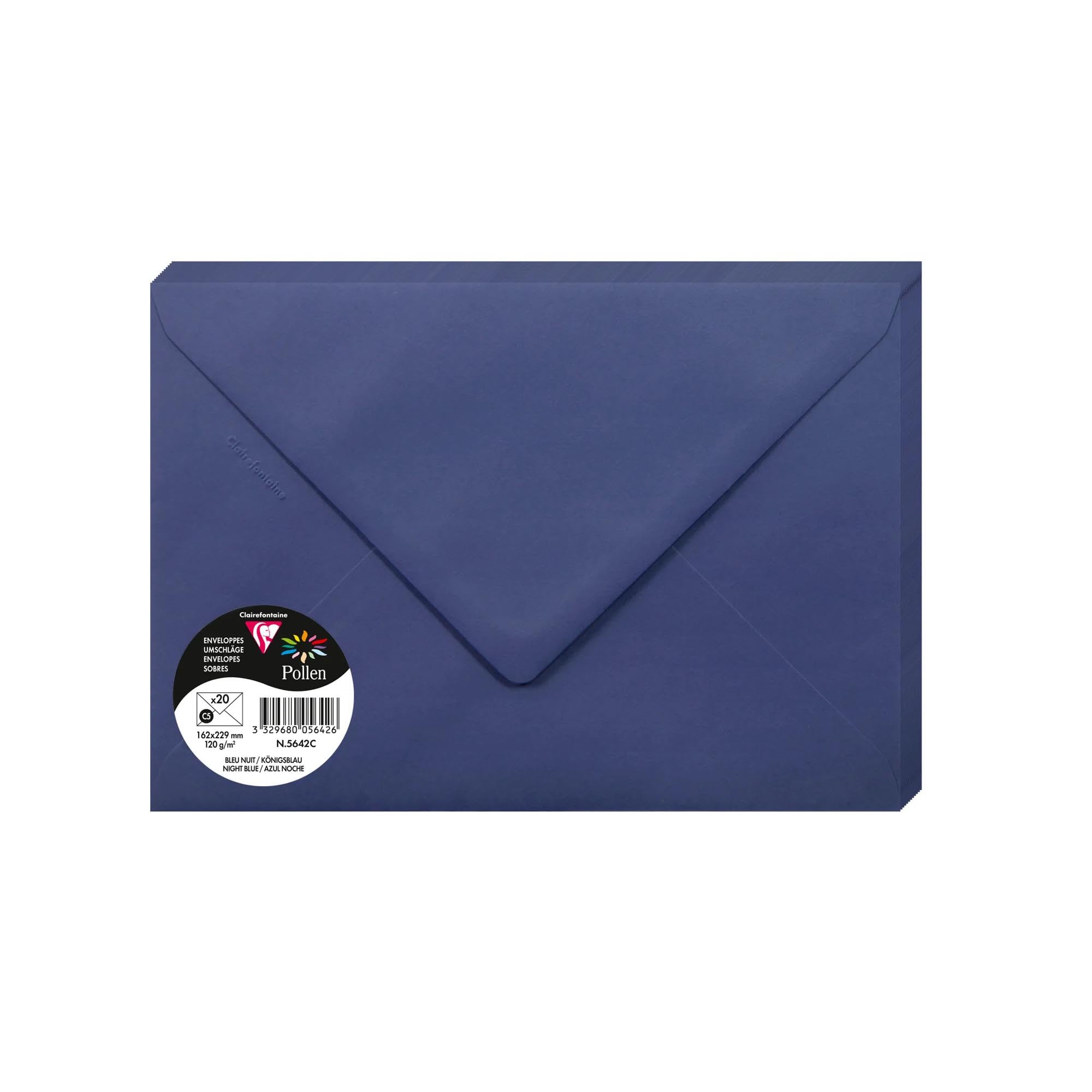 Clairefontaine 5642C Pack of 20 Gummed Envelopes C5 16,2x22,9cm 120gsm Colour Midnight Blue Invitation Events Correspondence Pollen Range Premium Smooth Paper