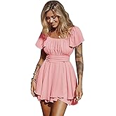 EXLURA Women's 2026 Summer Ruffle Short Sleeve Tie Back Romper Dress Square Neck A Line Cute Dressy Short Jumpsuits