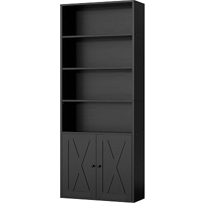 Shintenchi Bookshelf, Industrial Bookshelves and Bookcases with Doors Floor Standing 6 Shelf Display Storage Shelves 70.9 inches Tall Bookcase for Home Office, Living Room (Black)