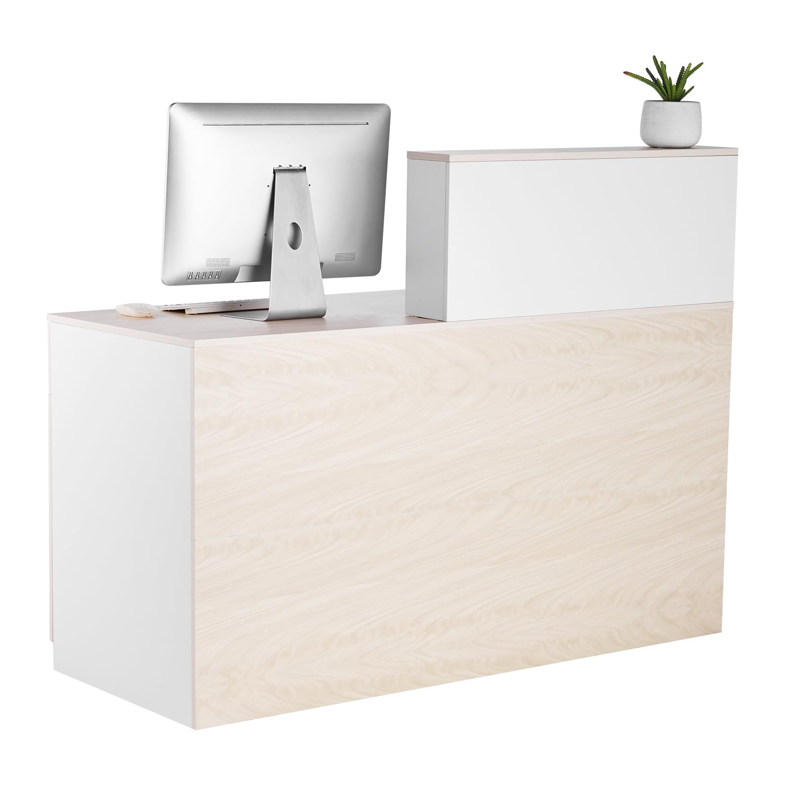 Photo 1 of VEVOR Reception Desk, 55 Inch Rectangular Front Counter Table, Office Reception Counter with Lockable Drawer and Storage Cabinet, for Checkout, Lobby, Beauty Salon and Office, Natural