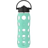 Lifefactory 22-Ounce Glass Water Bottle with Pivot Straw Cap and Protective Silicone Sleeve, Sea Green
