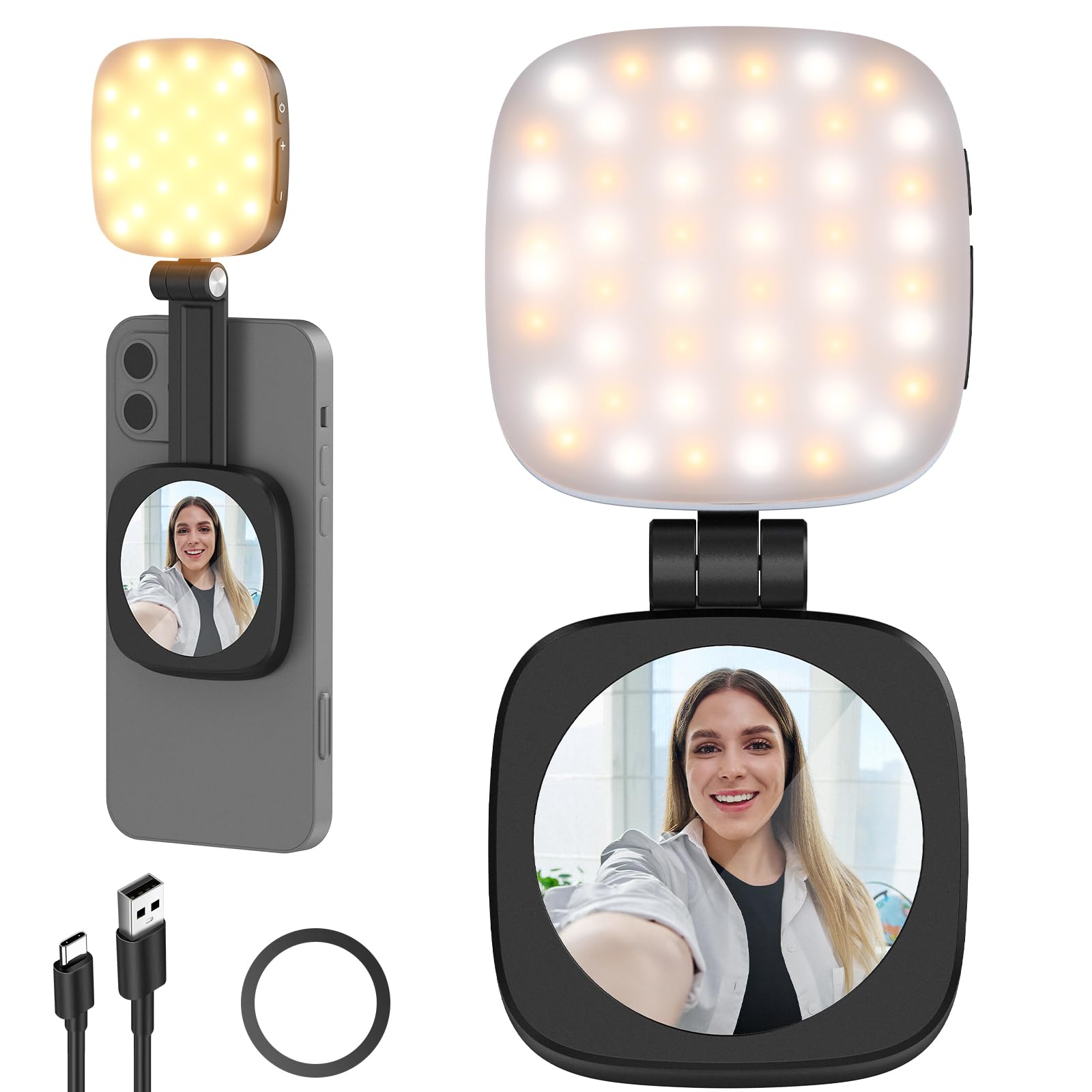Photo 1 of NEEWER BASICS Magnetic Selfie Light Compatible with MagSafe iPhone,CRI95 700lx/0.3m Folding LED Phone Fill Ring Lighting with Mirror for Zoom Makeup Photography Recording Video Conference, Black NL48B