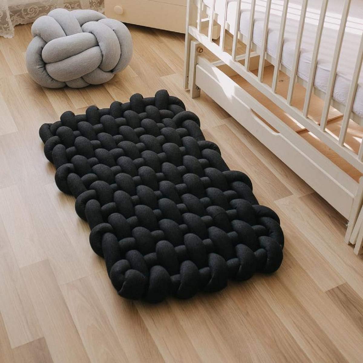 Baby Knot Plush Sleeping Mat, Handmade Soft Cotton Square Play Mat Nursery Rug, Nursery Decor Floor Pillow Activity Mat for Kids Room Rug Black 24" 40".