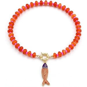 GLRITY Boho Beaded Fish Necklaces for Women Acrylic Resin Chunky Beaded Necklace Toggle Strand Bead Fish Pendant Necklaces Cl