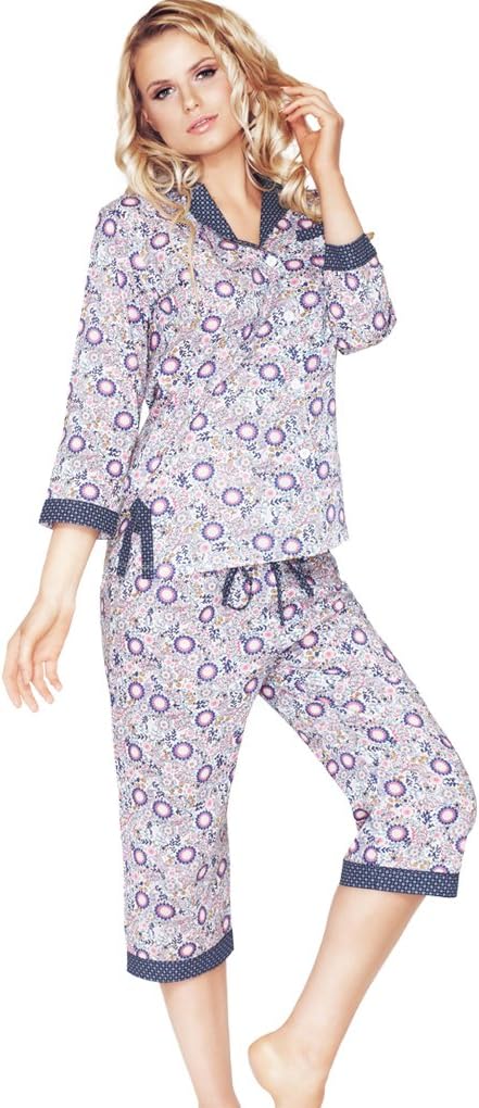 Mio Lounge Blue Floral Bloom Cotton 3/4 Length Pyjamas IP09-3/4