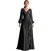 IMCACTOR Long Sleeve Pleated Bridesmaid Dress Ruffle Chiffon V Neck A Line Formal Evening Dress with Pockets