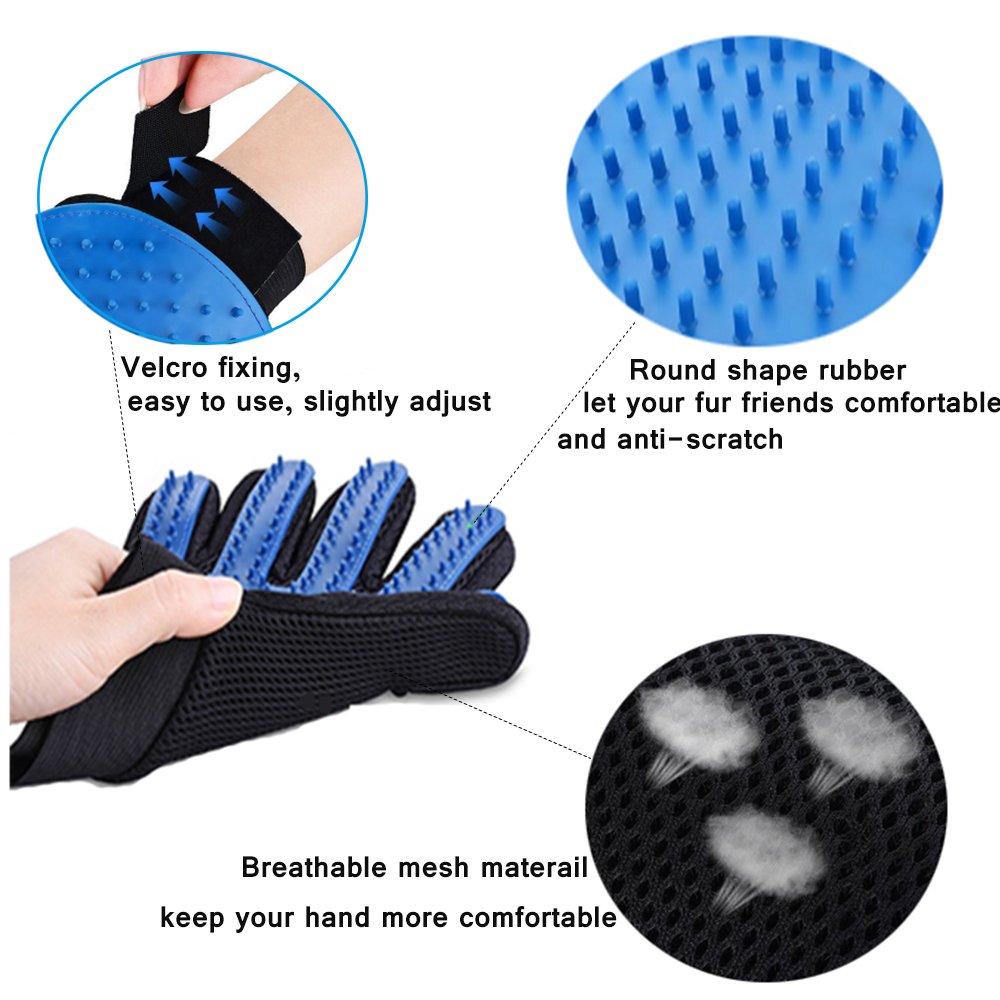 Blue Pet Glove Groomig comb Efficient Hair Remover Mitt Gentle Deshedding Brush Tool With Five Finger Design True Touuch Massage Bath gloves Perfect For Dogs and Cats with Long or Short Fur(One Pair)