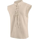 mogenda Mens Medieval Renaissance Pirate Costume Sleeveless Lace-up Stand Collar Shirt Gothic Viking Steampunk Top Tunic