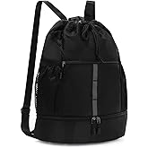 Valleycomfy Drawstring Gym Bag Sports Backpack With Shoe Compartment and Reflective Strips Black