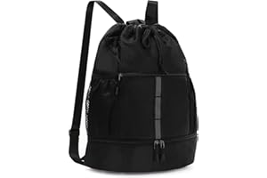 Valleycomfy Drawstring Gym Bag Sports Backpack With Shoe Compartment and Reflective Strips Black