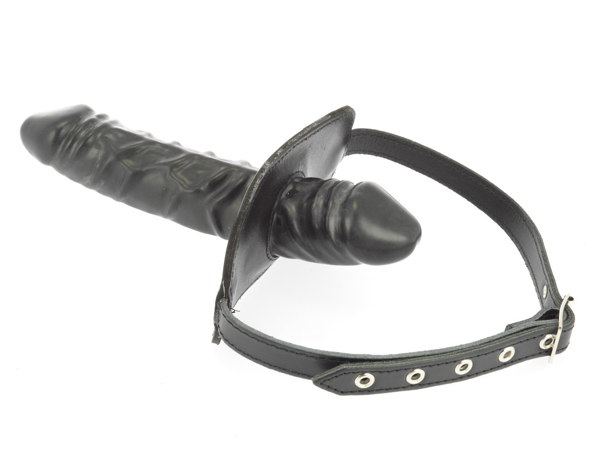 Rimba Bondage Play Mouth Gag with a Latex Dildo Inside (4 x 6 cm) and Outside (4 x 13 cm) Black One Size