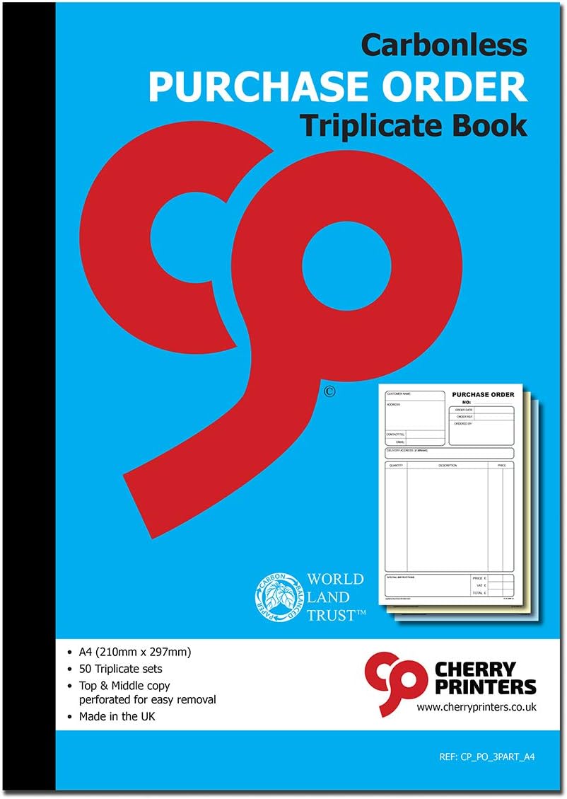 Cherry Carbonless Purchase Order Triplicate Book A4, Blue, A4 Triplicate