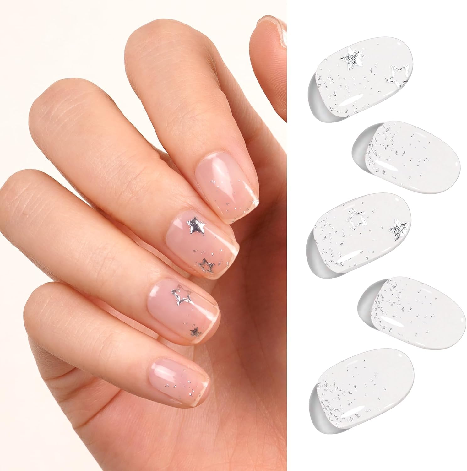 DANNI & TONI Semi Cured Gel Nail Strips Gel Nail Stickers,Transparent Star Silver Stamping Salon-Quality Gel Nail Polish Strips Manicure Stickers Set(Glee) 28Pcs