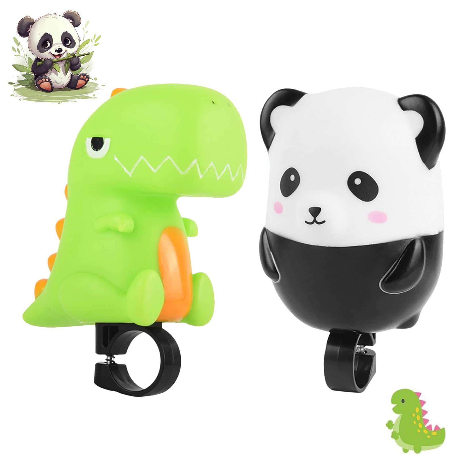 NAMIC 2 Pieces Children's Bicycle Horn, Safety Bicycle Horn, Green Dinosaur, Panda, Universal Cute Cartoon Speaker, Bicycle Bell Child Boys Girls