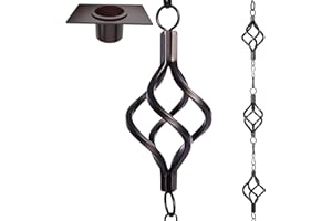 ASENEAT Rain Chain Bird Cage Set 8.5Ft, Not Rust Wrought Iron Rain Chains for Gutters with Adapter Gotta Drain and Sturdy Anchoring Stake,13 Cups, 1 Hook, Adjustable Length for Garden Decorative (Coffee)