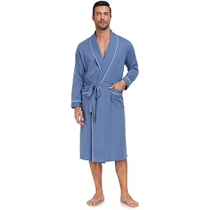 COLORFULLEAF Men's 100% Cotton Lightweight Summer Robe Breathable Knit Bathrobe with Pockets Long Soft Sleepwear for Spa Home