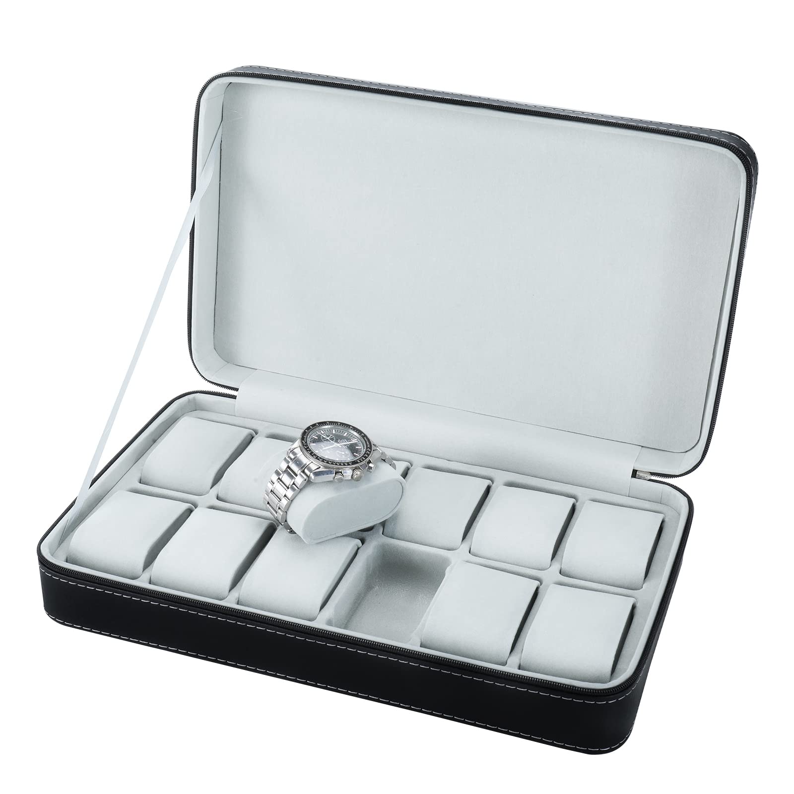 NovelBee 12 Slots Watch Boxes,Portable Zip Watch Jewelry Display Case with Removable Pillow for Watch Jewelry Storage
