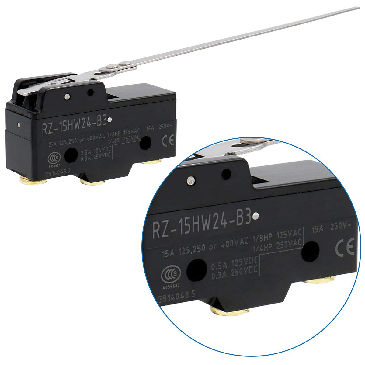 Heschen micro switch Z-15HW24-B low force hinge lever 3 screw terminal 15A rated current, black, Long Hinge Roller Lever (Z-15HW24-B) - Image 4