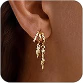 Robaice Dangle Earrings for Women,14k Gold Plated Triple Huggie Stud Earrings Dainty Drop Earrings for Women Trendy Gold Statement CZ Chain Earrings Non Tarnish Jewelry