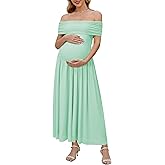 OUGES Women's 2026 Summer Spring Off The Shoulder Mesh Maxi Maternity Baby Shower Dresses for Photoshoot Wedding Guest Sleeveless Formal Pleated Long Flowy Pregnancy Must Have Clothes(Light Green,L)