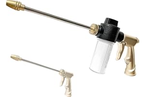 MOSIKEN High Pressure Garden Hose Nozzle Sprayer with 3.5oz Plastic Soap Dispenser Bottle, Heavy Duty Car Wash Foam Gun, Adjustable Nozzle for Gardening, Solar Panel Cleaning, Pet Showering (Brass)