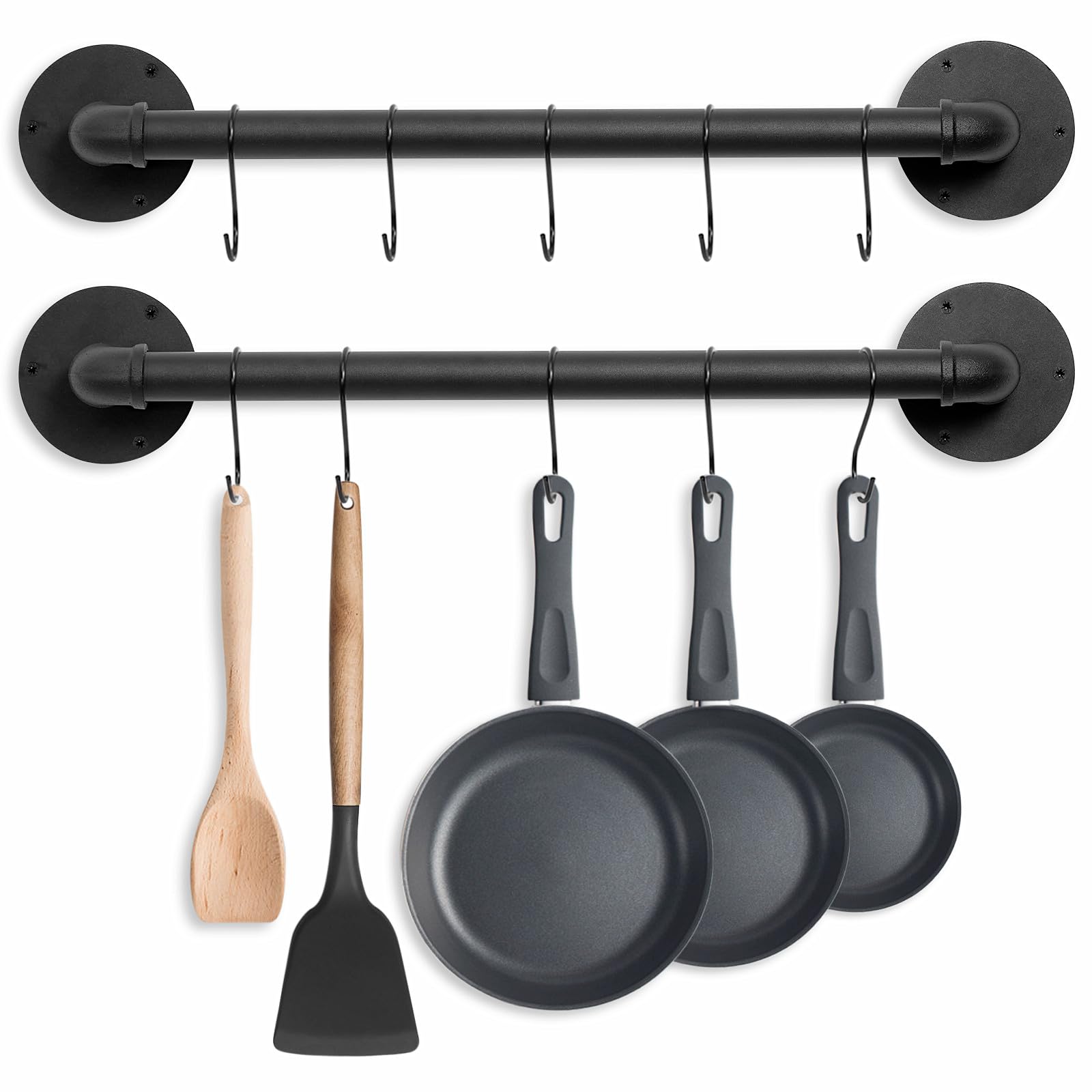 Photo 1 of boshangjia Pot Pan Rack Wall Mounted Set of 2, 21" Industrial Pipe Utensils Hanger Holder Pots Storage Organizer Iron Detachable Hanging Rail for Kitchen with 10 S Hooks…