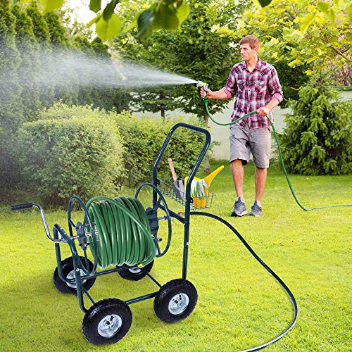 Dporticus Garden Hose Reel Cart 4 Wheels with Storage Basket Water Hose