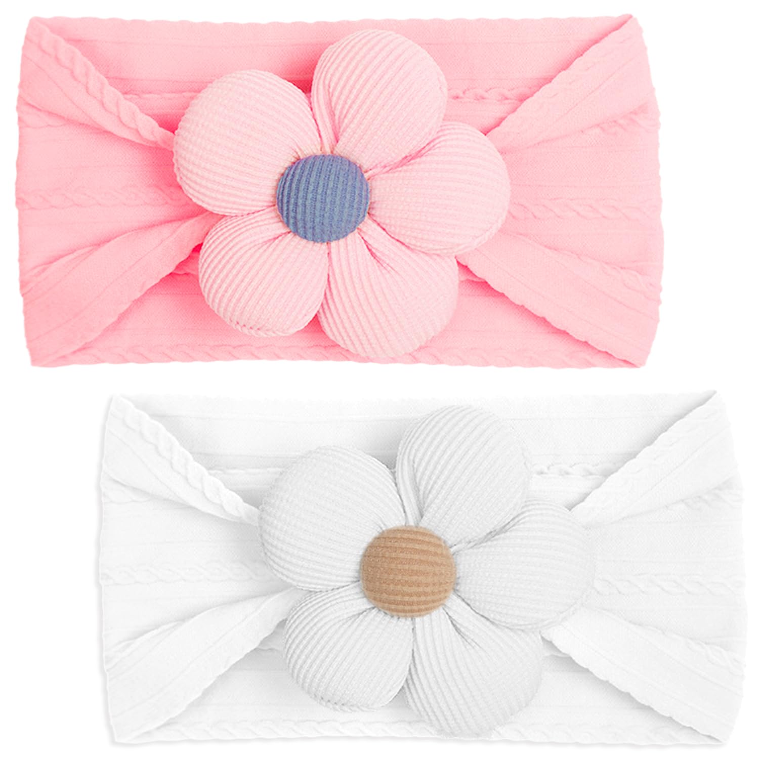2 Pcs Baby Headbands With Flowers for Newborn Girls and Toddlers (Pink and White)