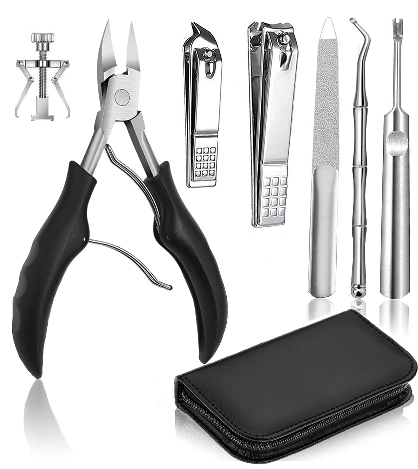 7 PCS Thick Ingrown Toenail Clipper Kit with Nail Clippers, Toenail Lifter, Cuticle Cutter, Nail File, Toenail Corrector, PU Leather Case for Ingrown Thick Hard Toe Nail Fingernail