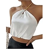 SOLY HUX Women's Crop Halter Tops Sleeveless Backless Going Out Satin Crop Tops