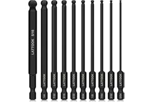 Ball End Hex Head Allen Wrench Drill Bit Set (10PCS SAE 5/16” to 5/64”), LATTOOK 10PCS SAE Ball End Hex Bit Set Allen Key Bit Set Hex Key Drill Bit Set, Magnetic S2 Steel, 4'' Long
