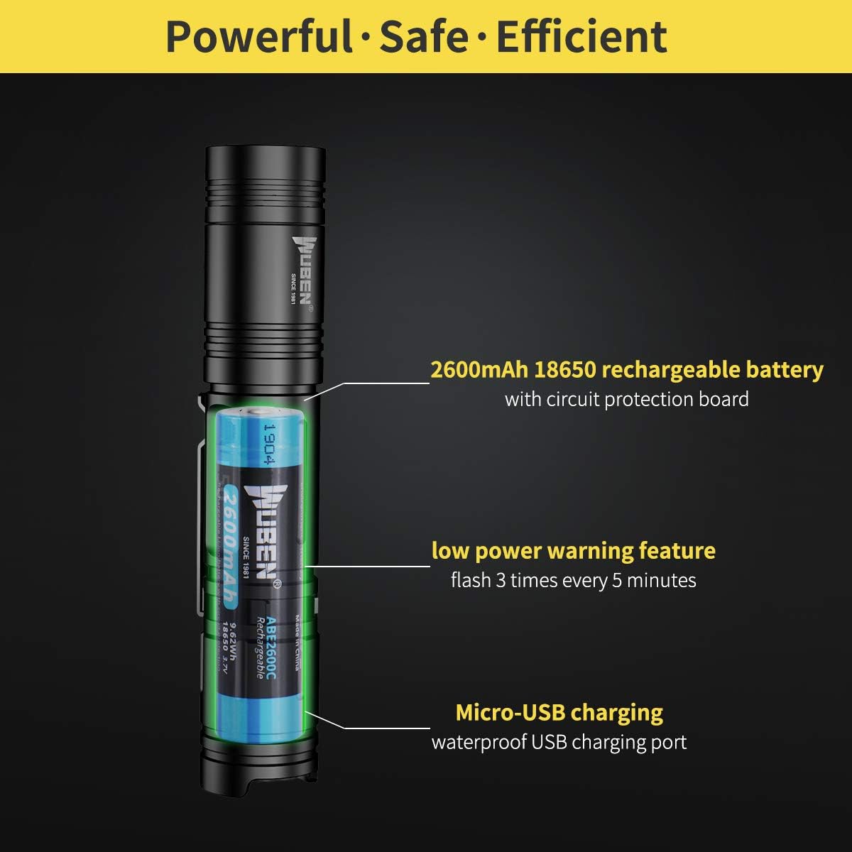 WUBEN 1200 Lumens LED Flashlight USB Rechargeable (18650 Battery Included) IP68 Waterproof Ultra Bright Tactical Flash light Torch 5 Lighting Modes for Outdoor Camping Hiking Cycling - - 