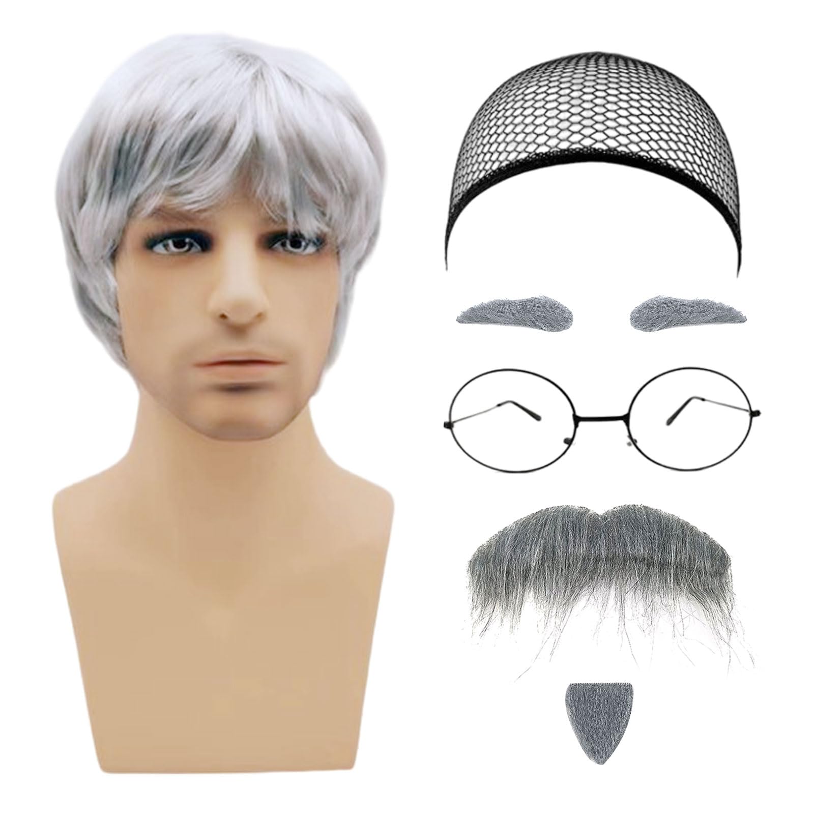 MIVAIUN 7 Pcs Grandpa Wig Set - Old Man Costume Accessories with Short Wig, Fake Beard, Eyebrows, Wig Cap, Glasses for Carnival Cosplay Party