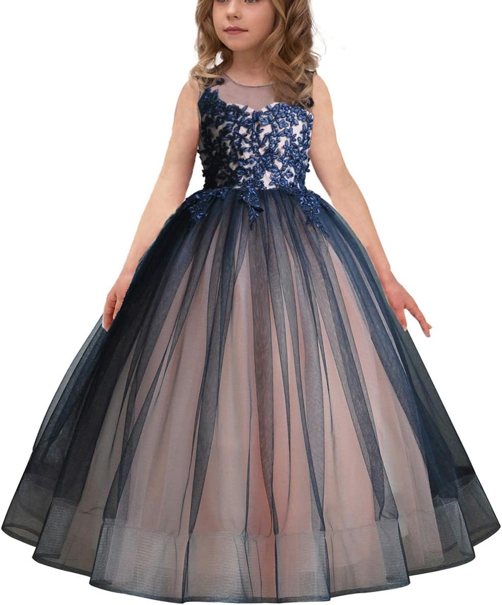 Luxury Burgundy Ball Gown Pageant Dresses for Girls Long Flower Puffy Tulle Prom Wedding Birthday Christmas Party 2-15Y