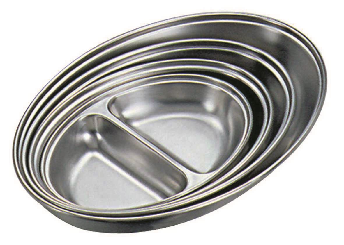 Genware NEV-12562 Vegetable Dish, Stainless Steel, 2 Division Oval, 14", Width 21.2 cm