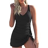 Hilor Women's Underwire One Piece Swimdress V Neck Swimsuits Tummy Control Swim Dress Slimming Skirt Bathing Suit