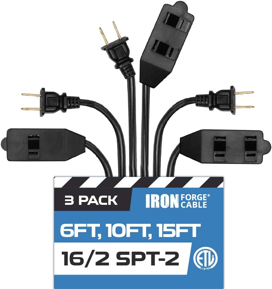 IRON FORGE CABLE16 Gauge Black Indoor Extension Cord with Multiple Outlets - 3 Pack, 2 Prong Extension Cords 6ft 10ft & 15ft - 16/2 Durable Electrical Cable