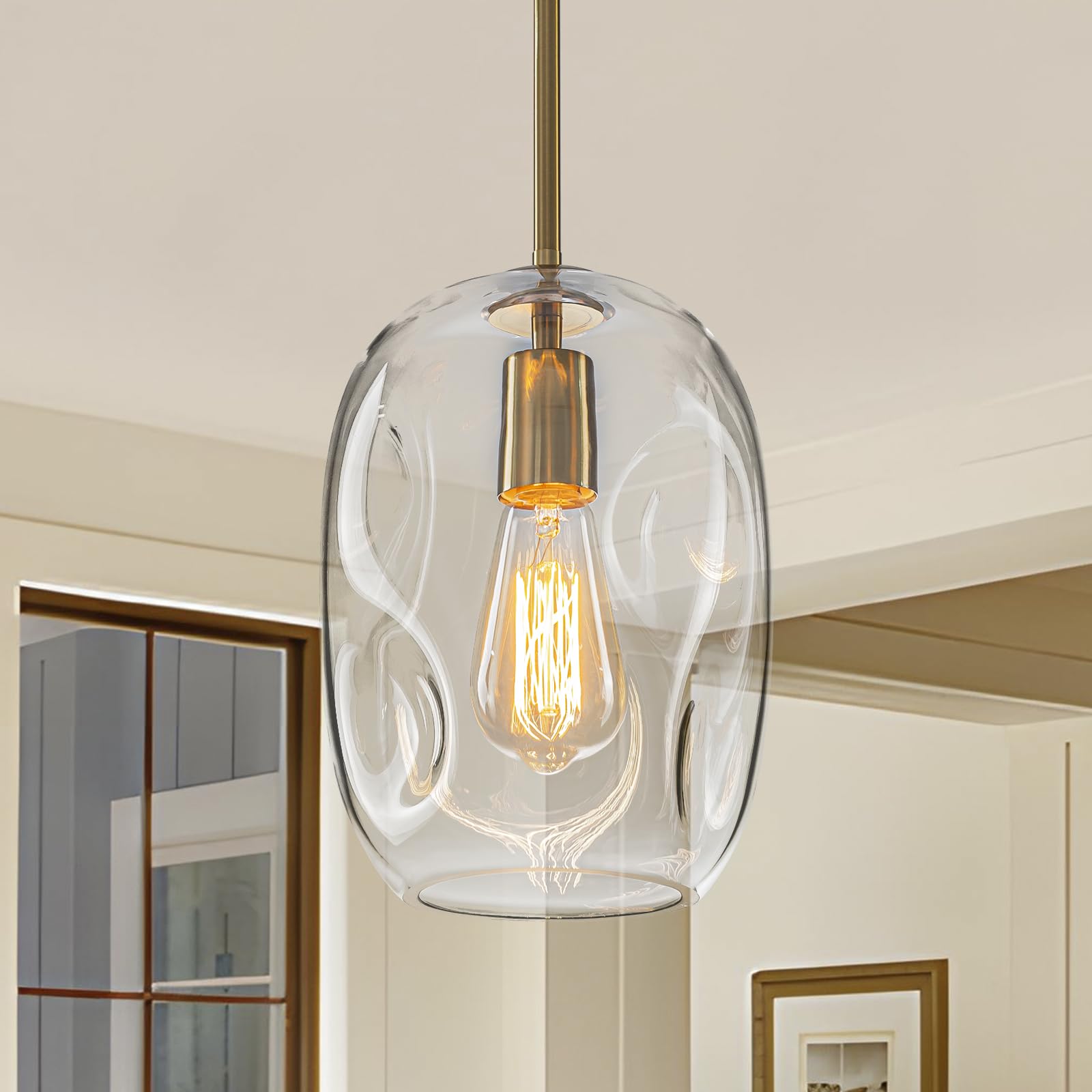 Photo 1 of Glass Pendant Lights Kitchen Island -1 Light Gold Hanging Light Fixture Bar Modern Pendant Lighting Ceiling with 9.6" Height Clear Thick Organic Glass Shade for Kitchen Sink Dining Table,E26,1 Pack
